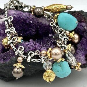 Brighton Perisiana Silver Gold Plated Charm Bracelet Turquoise Beads